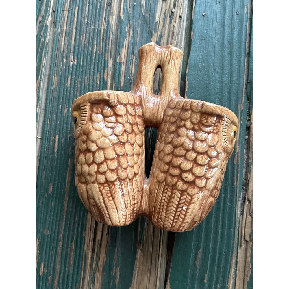 Vintage Creations by Corkie Ceramic Double Owl Vase Planter Brown Tan 5.5 inch